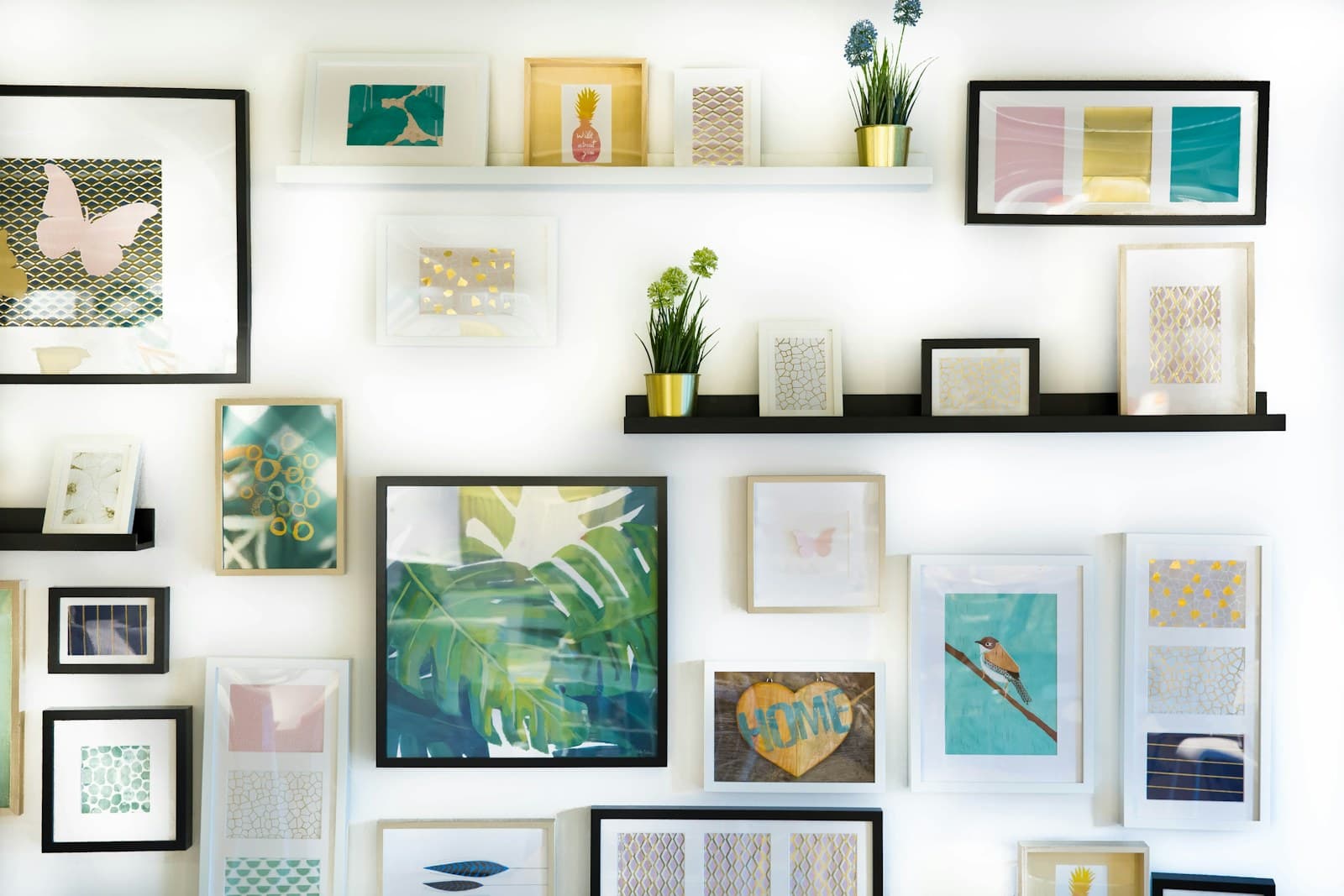 Calm home interior with books, framed art, and personal belongings kept in order